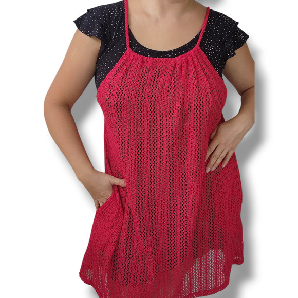 C&C California Cover-Up crochet Mini Dress Swimwear Size M NWT red pockets sheer - Picture 1 of 12